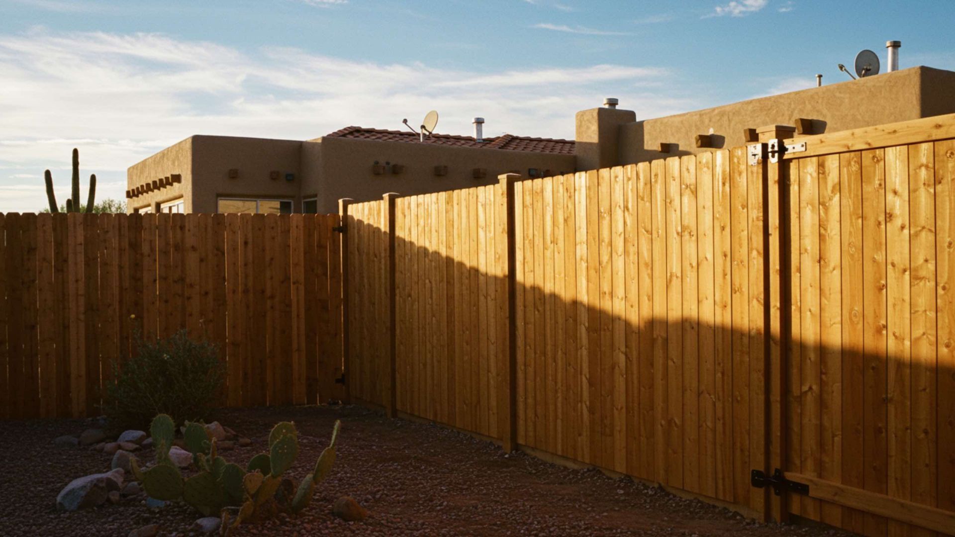 Wooden fence in front of a tan building under a blue sky, with cacti and gravel in the foreground.