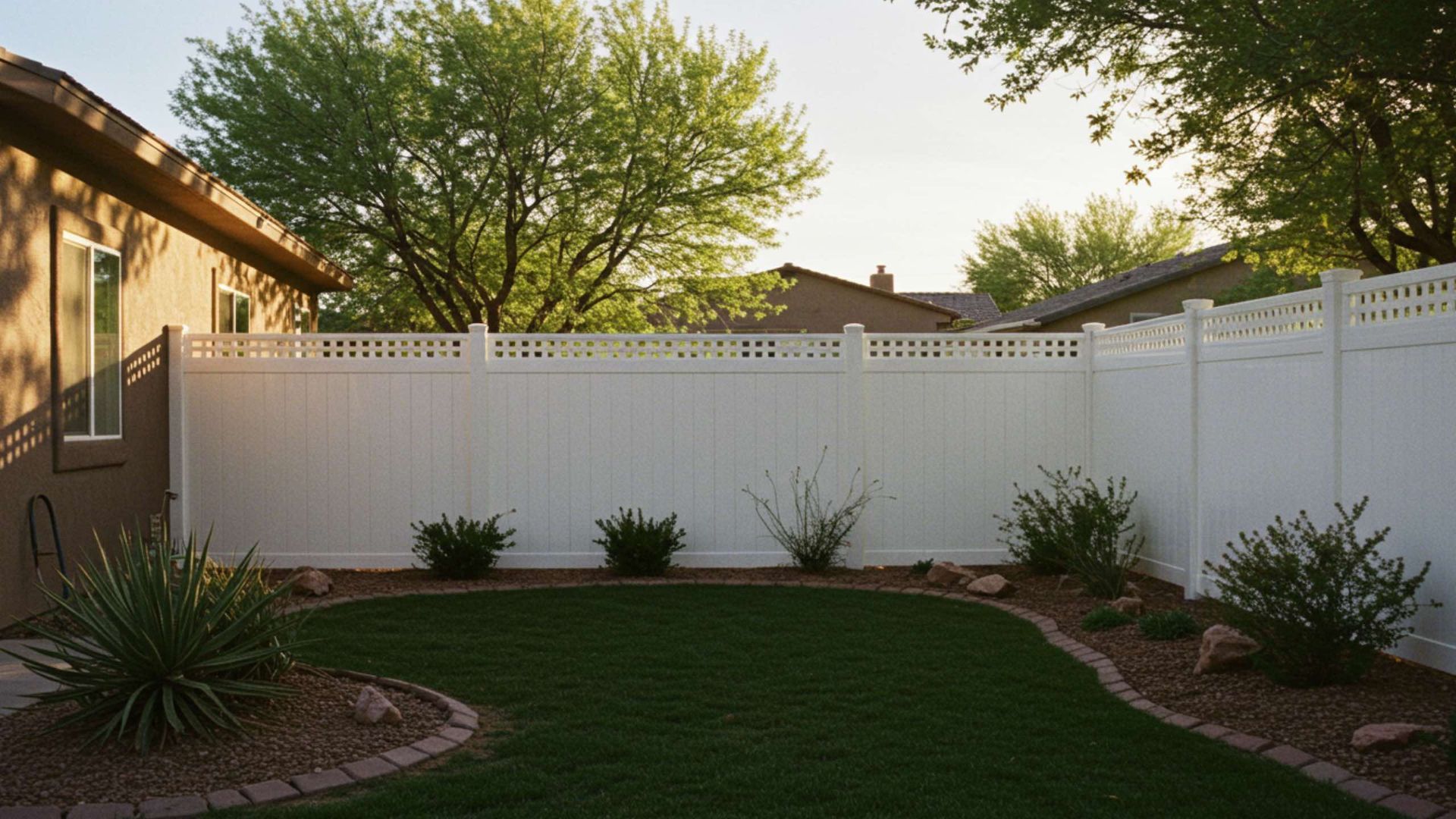 A residential backyard features a green lawn, gravel borders, small shrubs, and a white vinyl fence with lattice top.