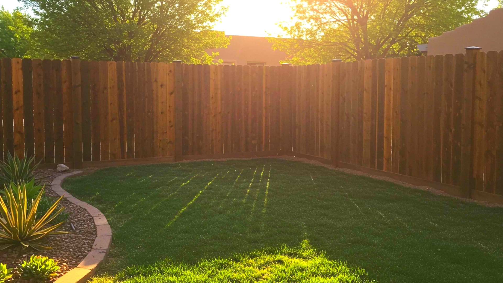 Wooden fence encloses a green lawn, lit by sunlight filtering through trees.