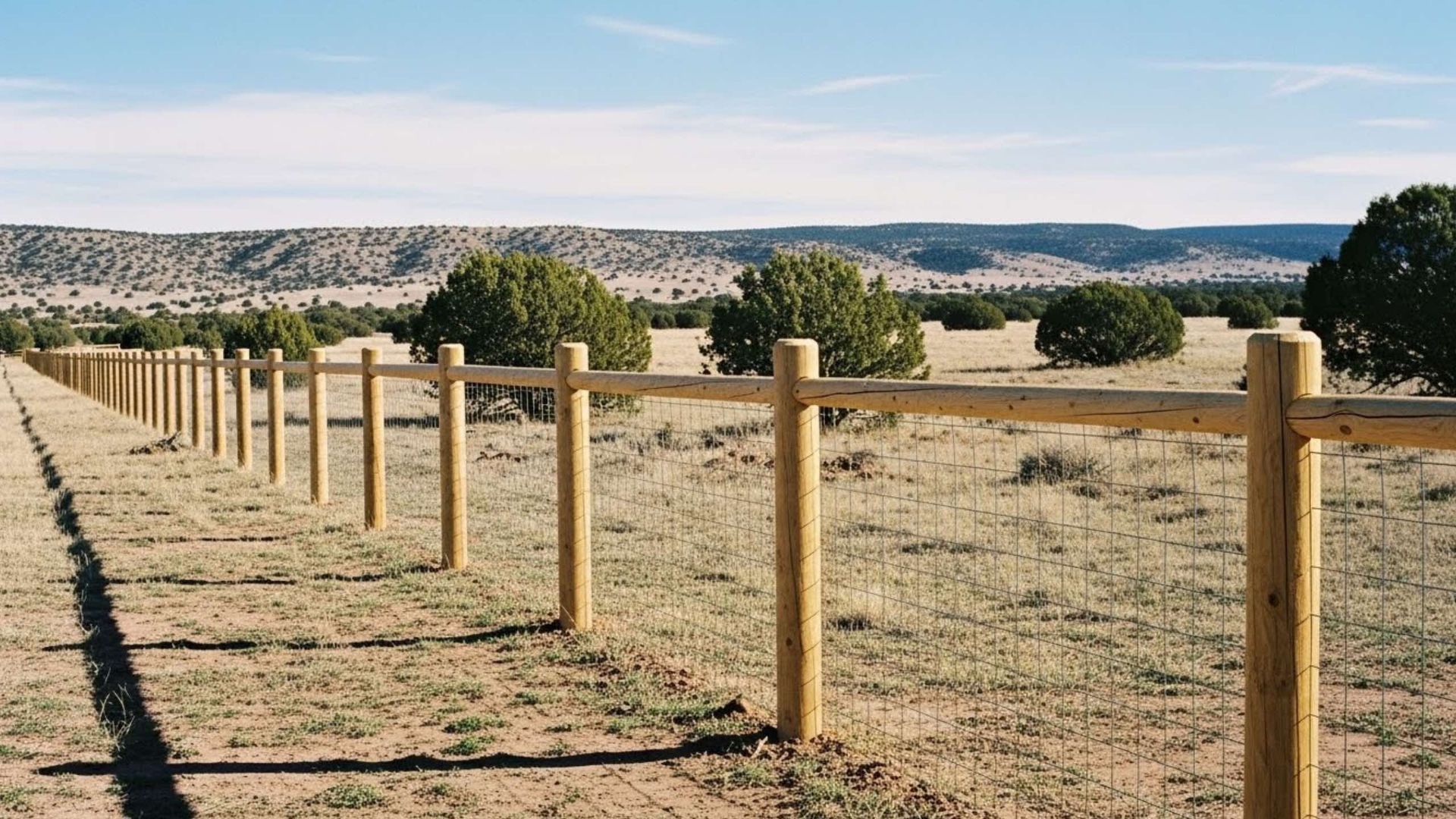 Wooden fence stretching across a dry, grassy landscape with scattered trees and distant hills under a blue sky.