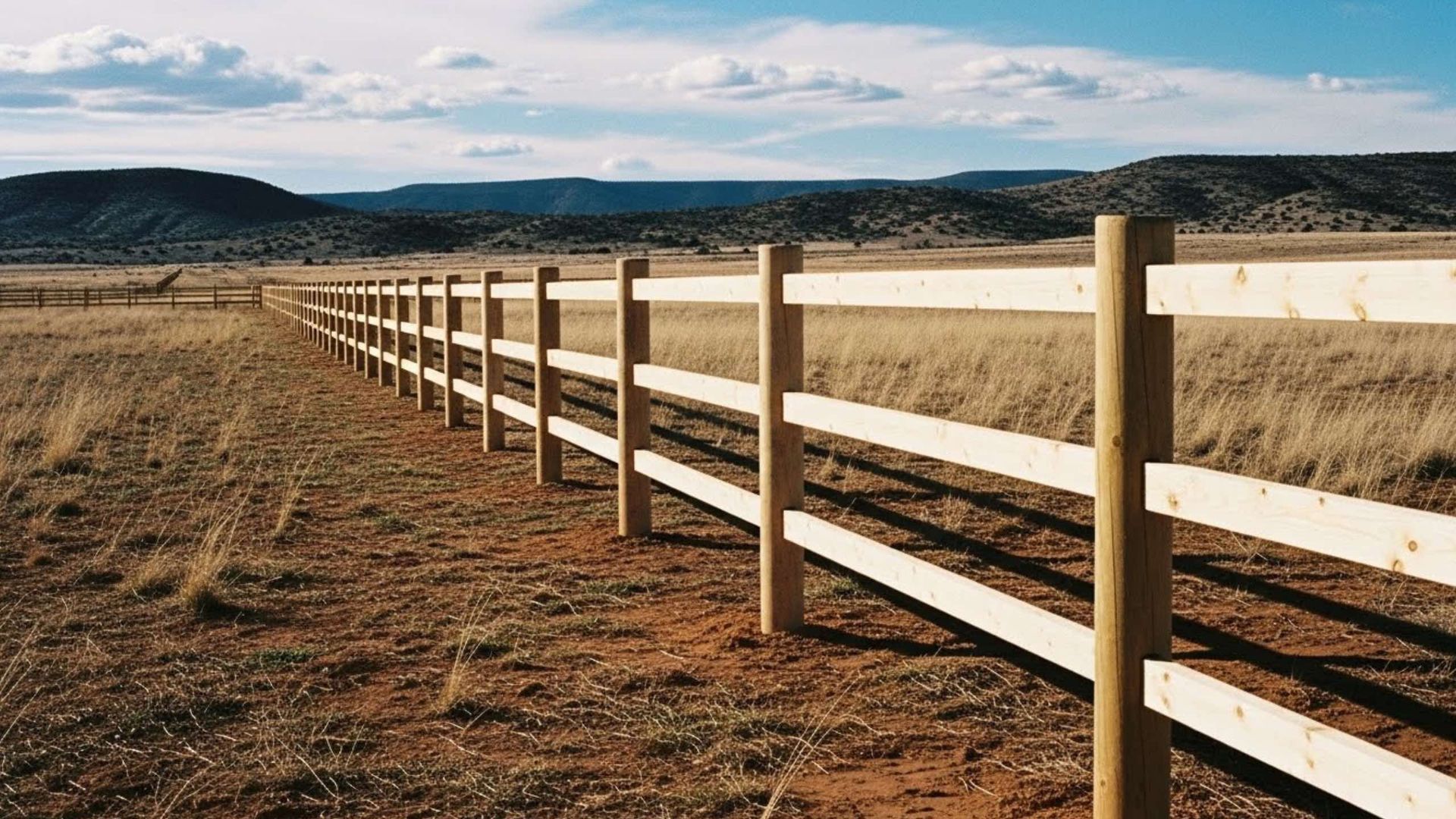 Wooden fence in a rural setting, extending into the distance under a blue sky.
