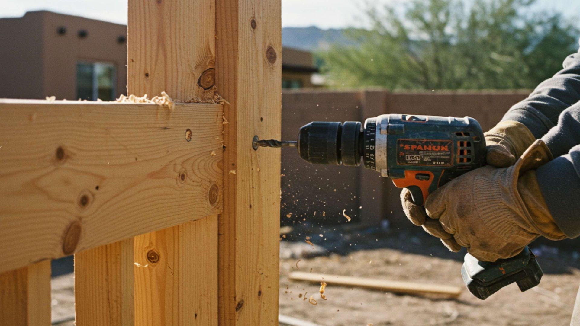Person using a drill to screw wood together outdoors; sawdust flies.