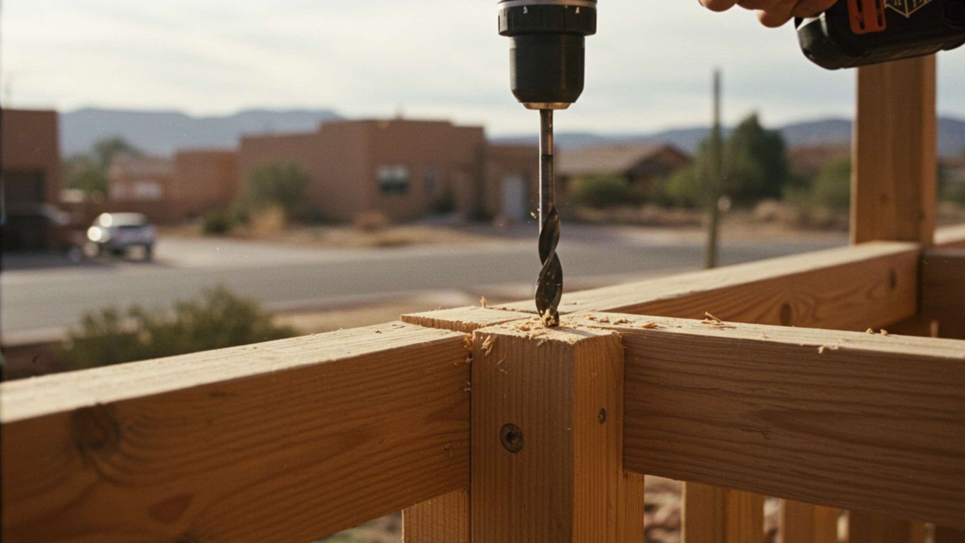 Drill drilling a hole in wooden deck post, with residential houses and mountains in the background.