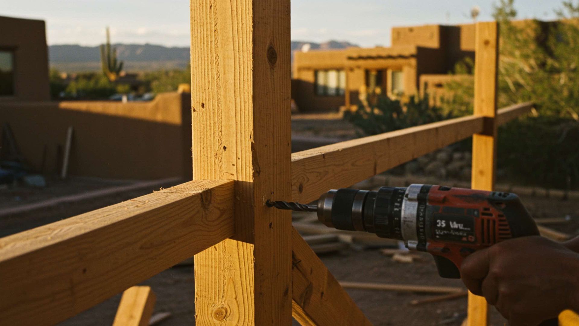 Person using a drill to secure wooden fence planks in an outdoor setting.