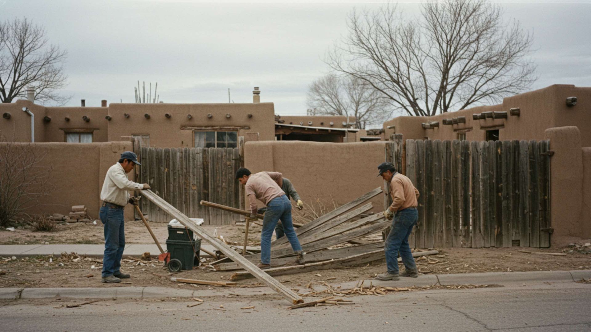 Three workers dismantling a wooden fence in a Southwest residential area.