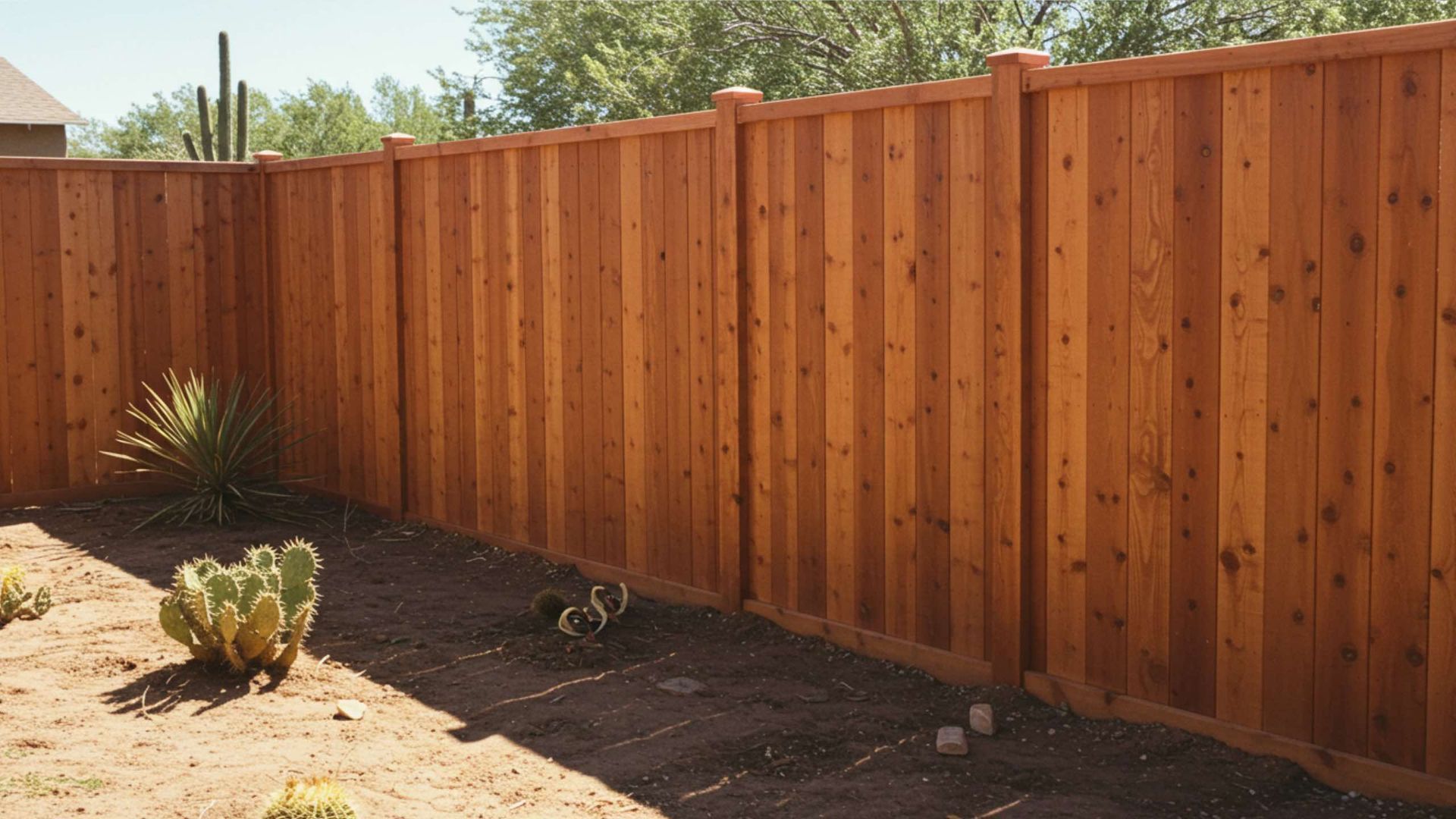 A brown wood privacy fence stands in a desert backyard with cactus plants in the foreground.
