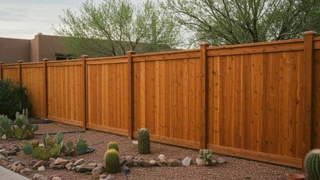Wooden fence surrounding a yard with cactus and landscaping, in an arid climate.