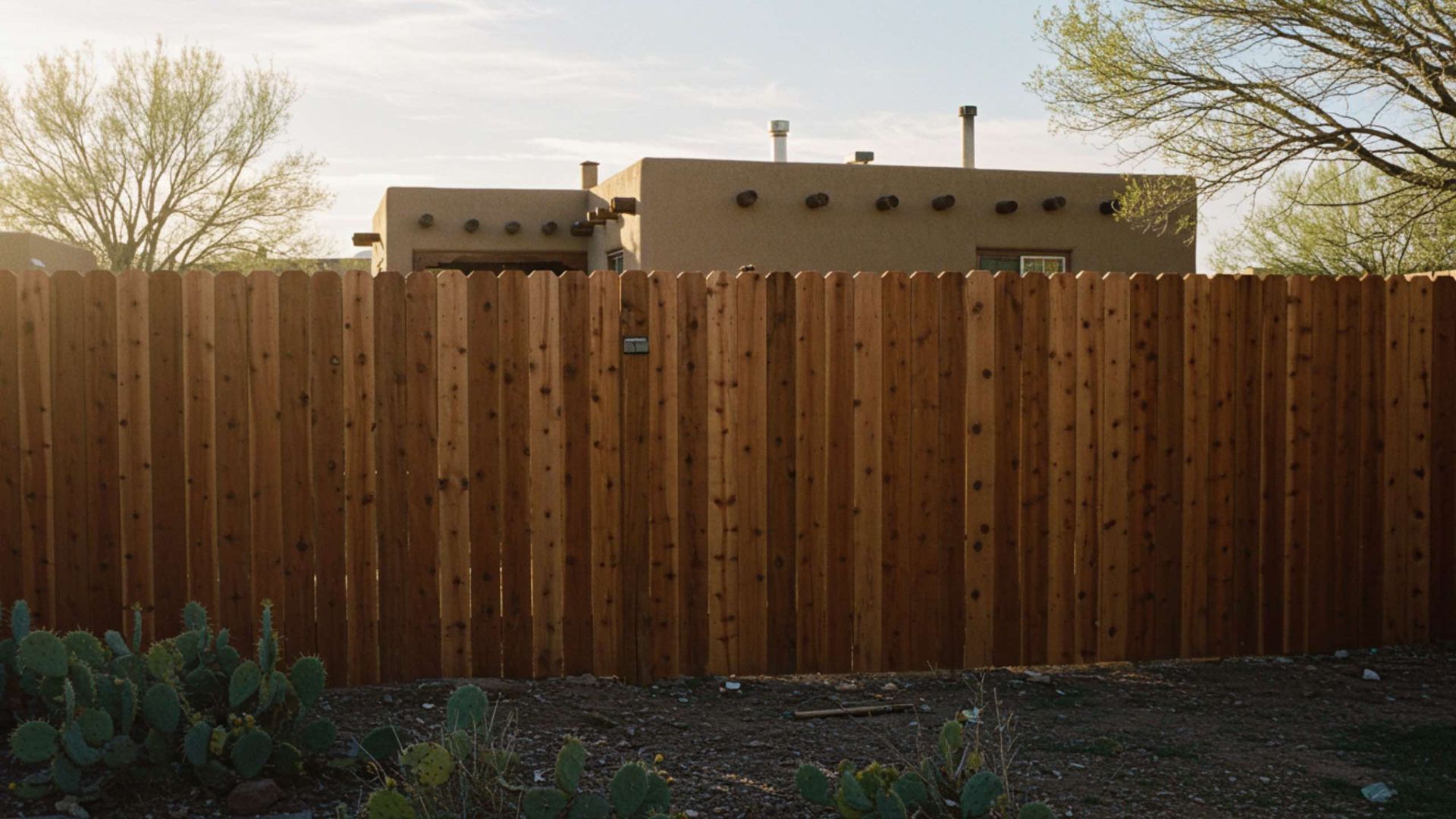 Wooden fence in front of a tan adobe-style building. Cactus in front of the fence, sunlight shining.