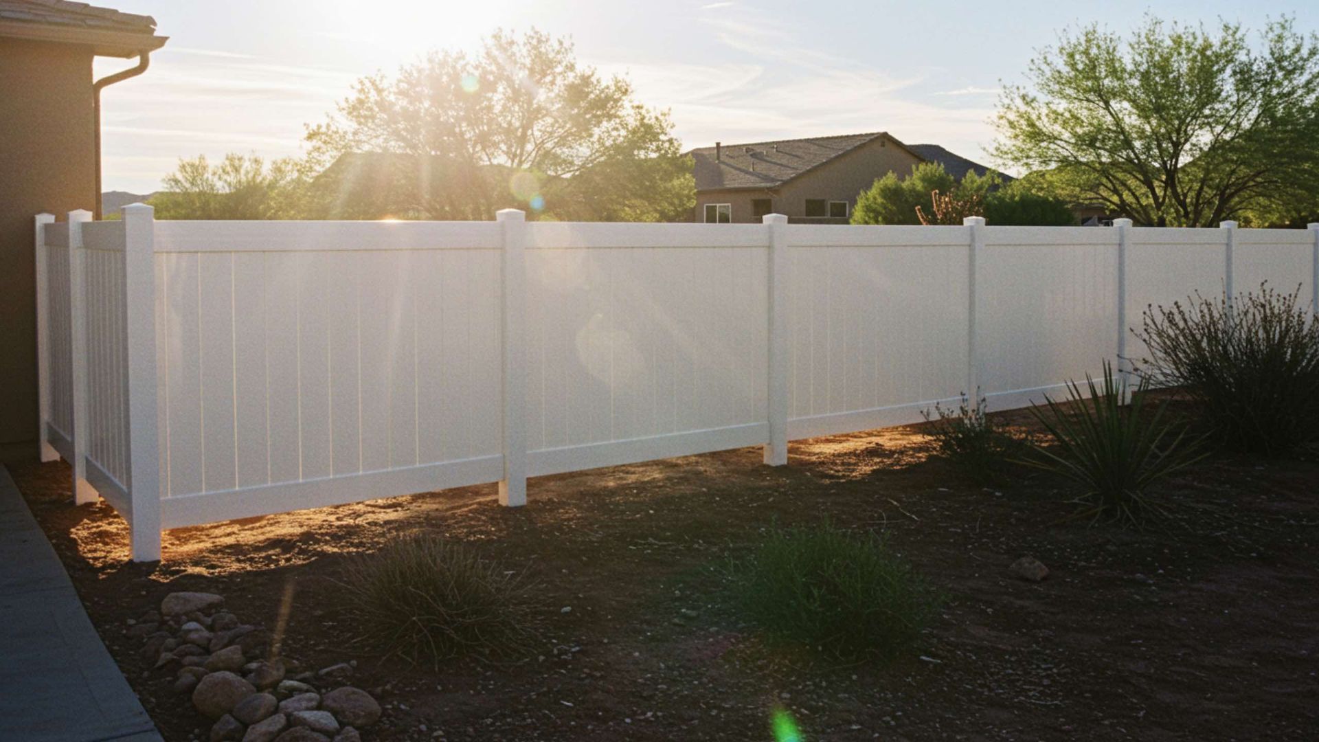 A white vinyl privacy fence stands in a backyard during sunset, with houses and trees visible in the background.