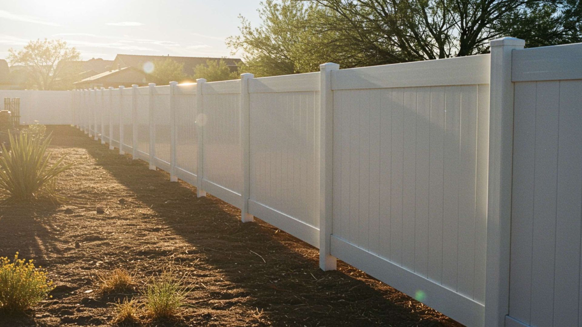White vinyl fence in a sunny backyard.