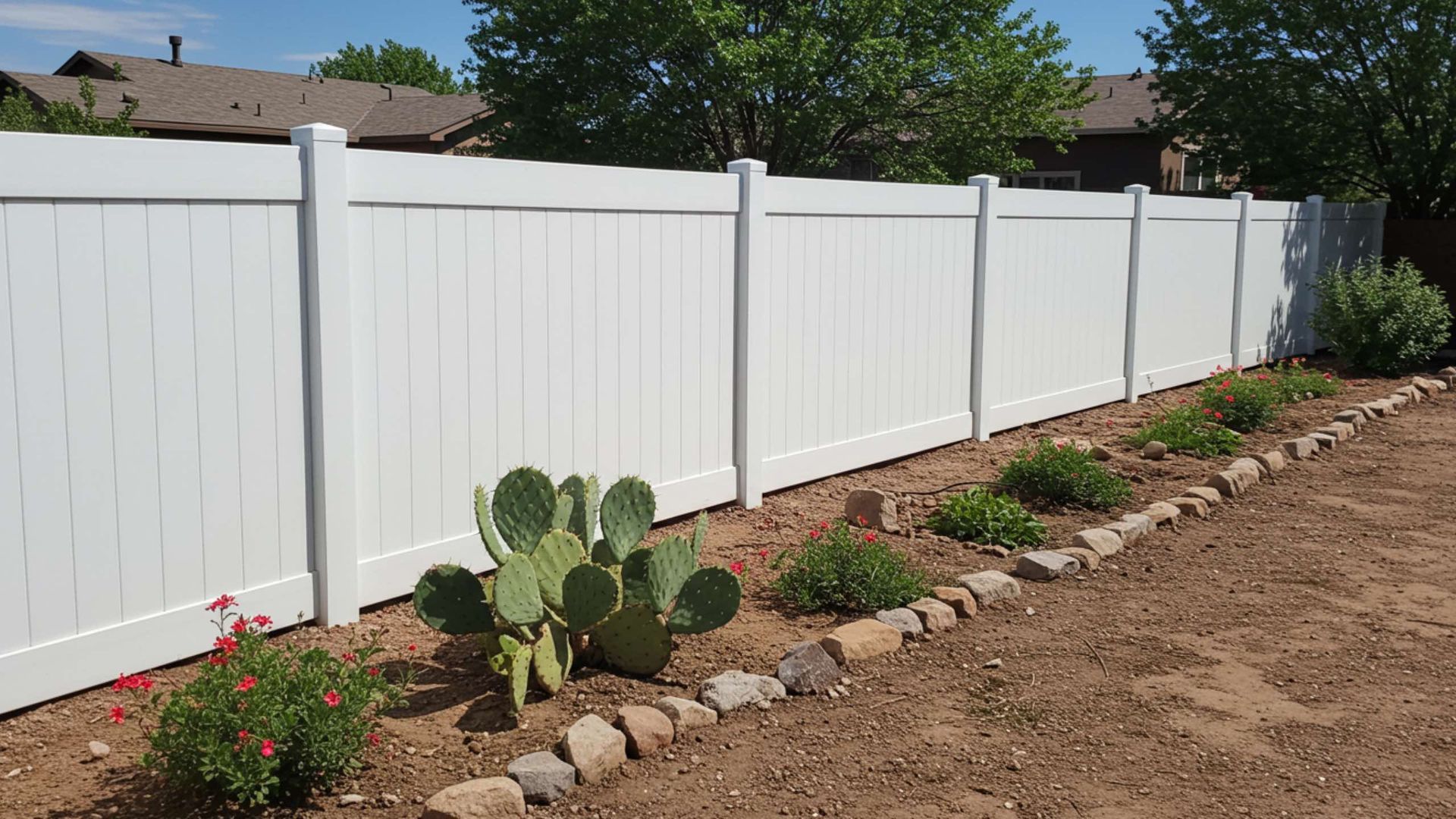 White vinyl fence with a border of small plants and rocks.