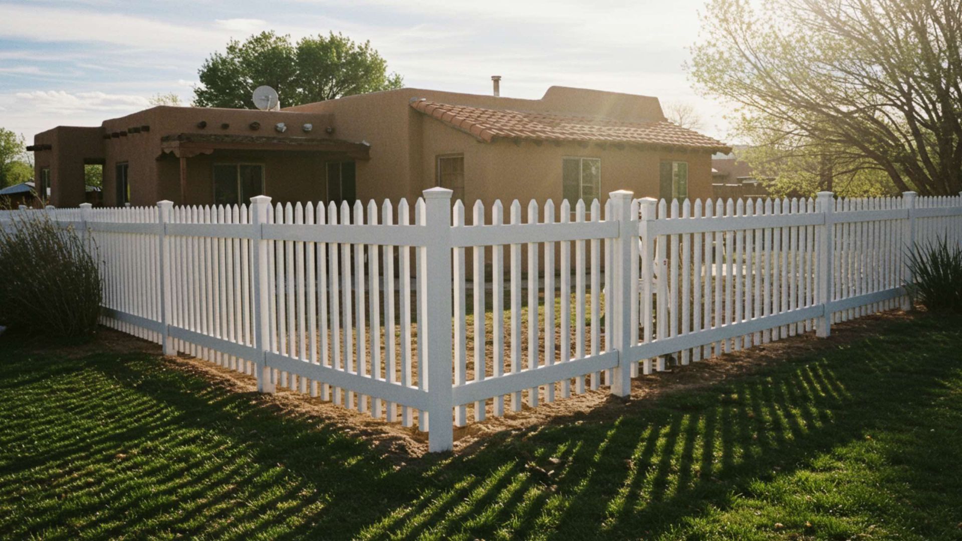 White picket fence around a tan stucco house with a red tile roof, on a sunny lawn.