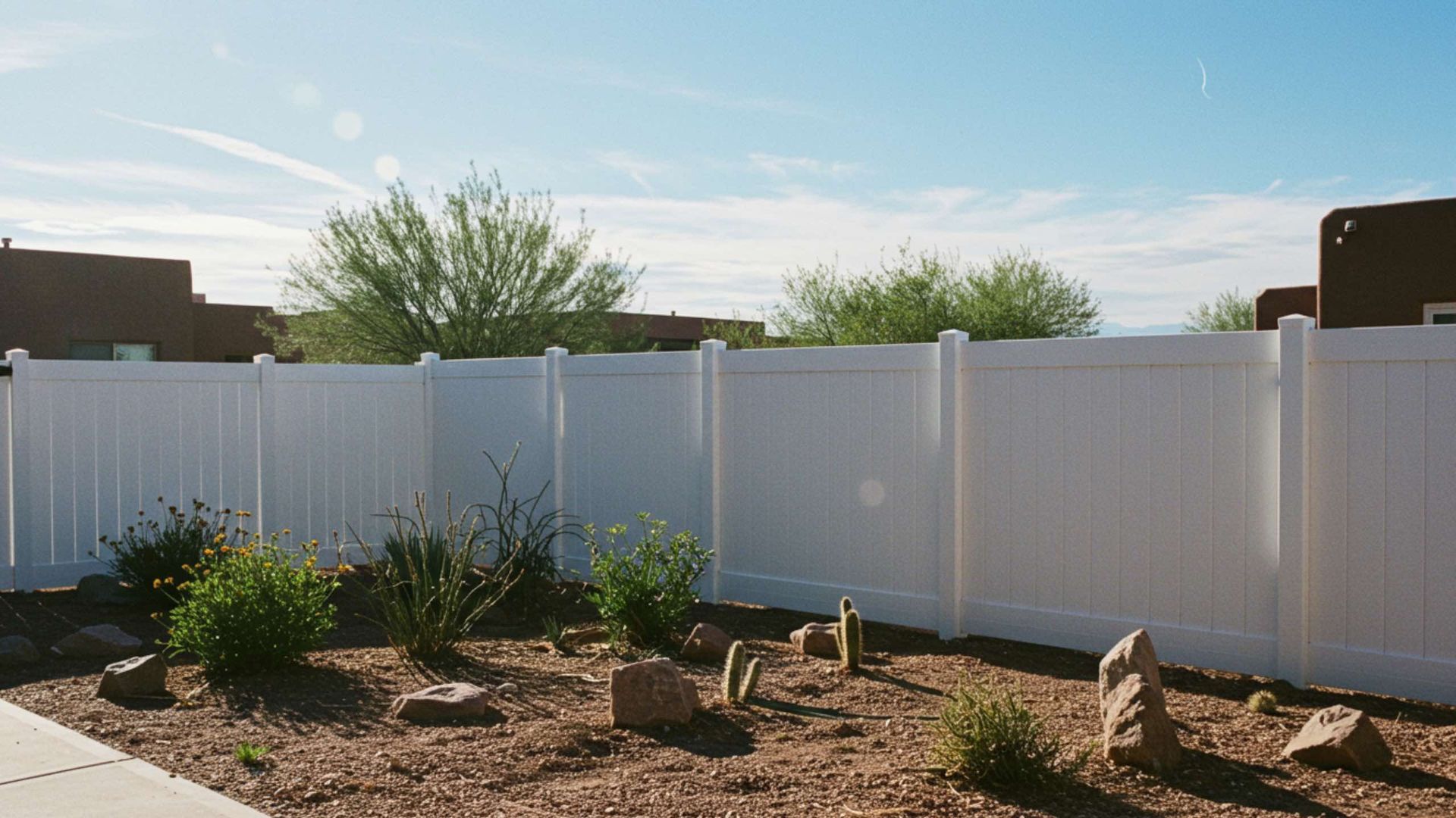 White fence in a yard with bushes, rocks, and blue sky.