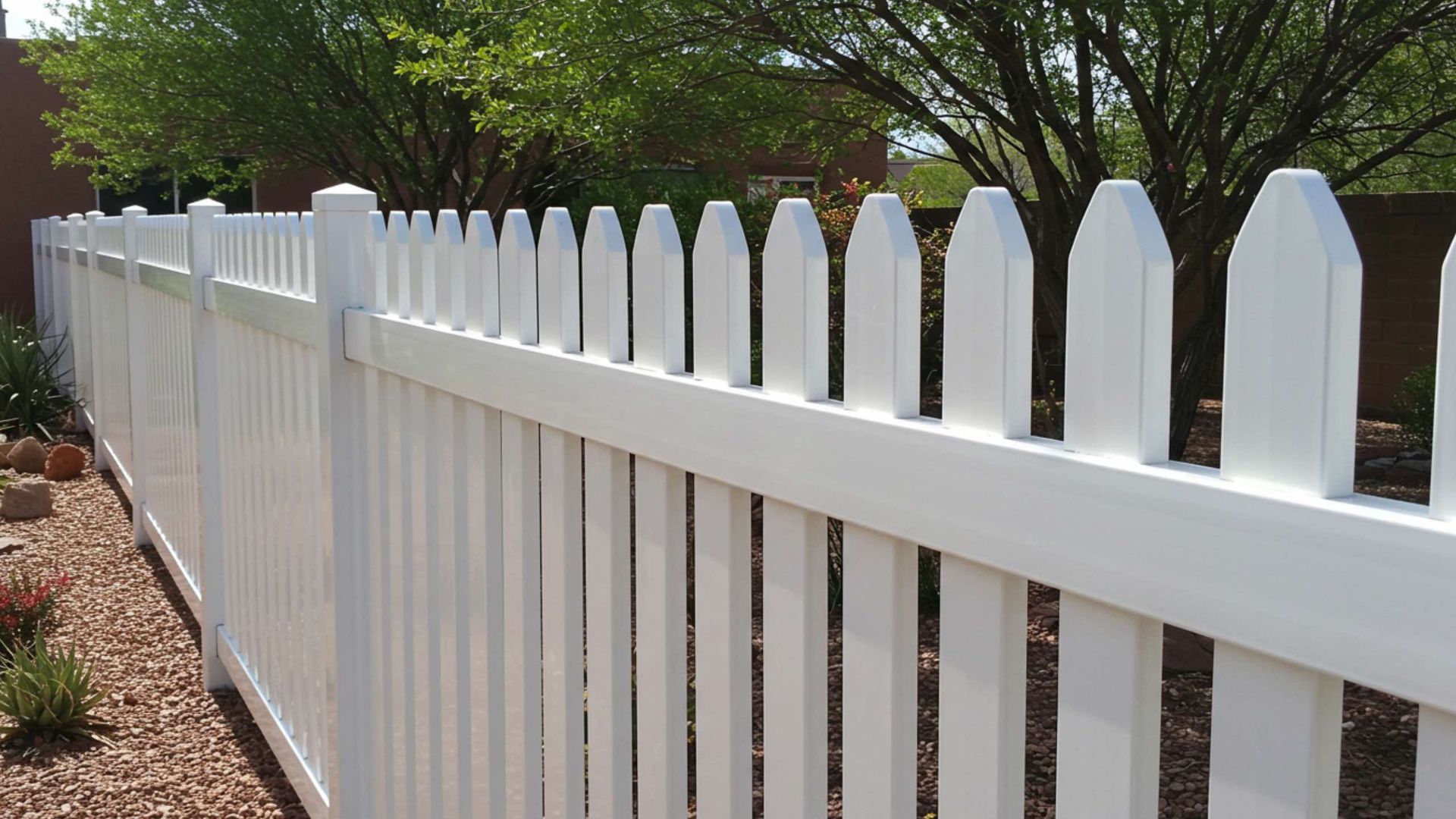 White picket fence in a sunny outdoor setting with trees in the background.