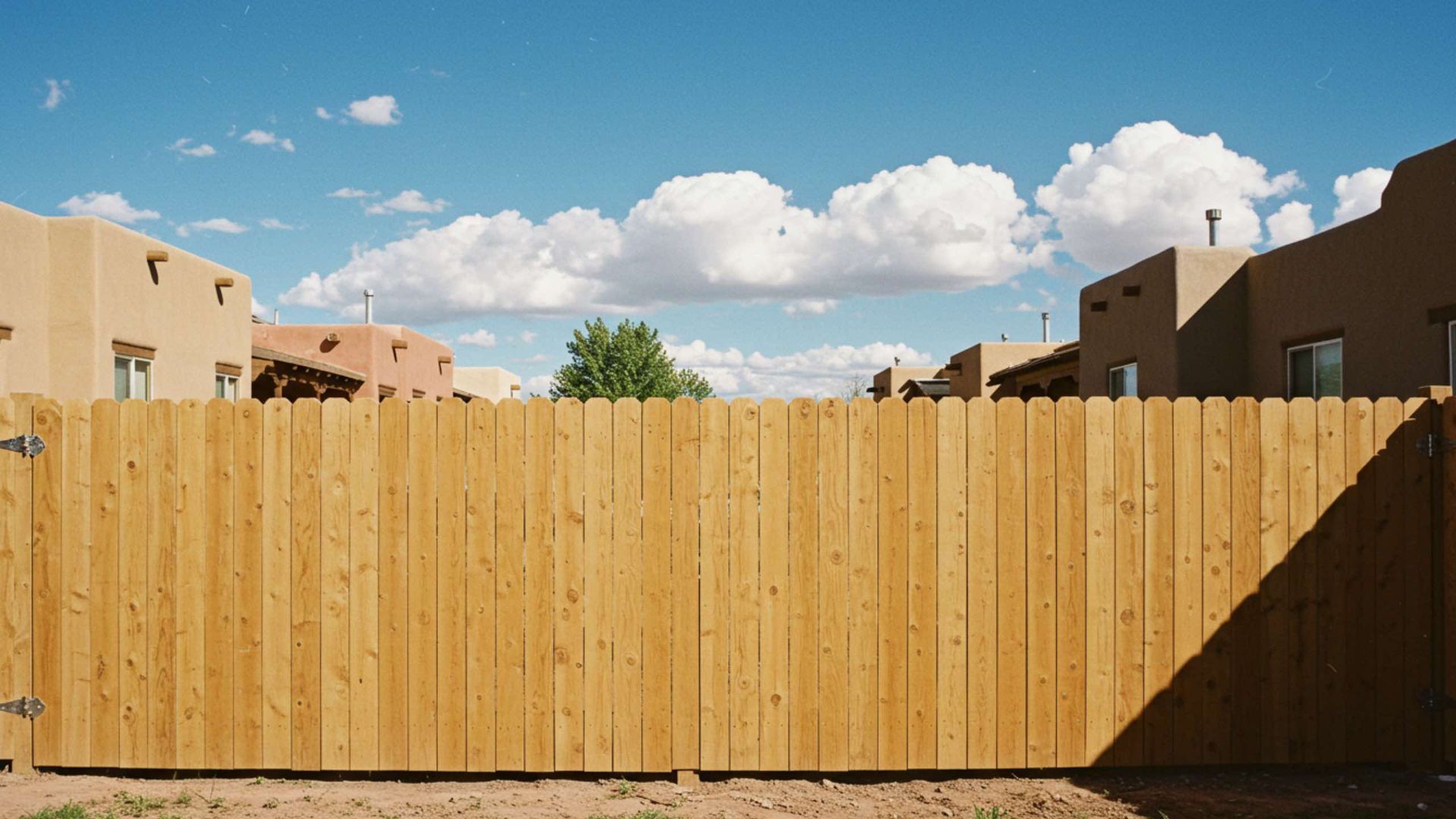 Wooden fence in front of adobe buildings under a blue sky with fluffy white clouds.