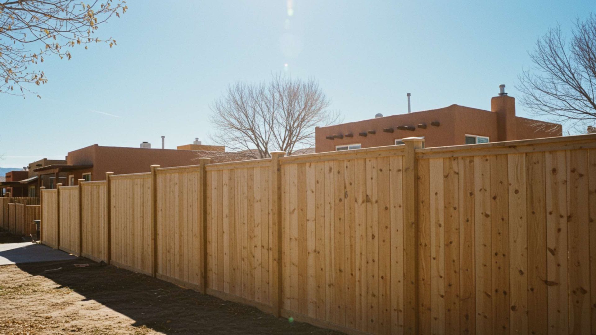 A long wooden privacy fence stands in front of Southwestern-style adobe buildings under a clear blue sky.