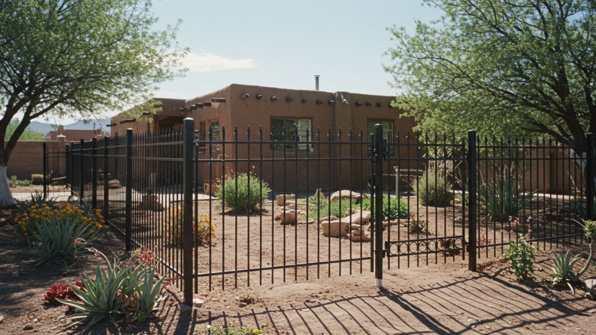 A tan, southwestern-style home sits behind a black metal fence, surrounded by green trees and desert landscaping.