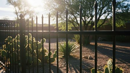 Black metal fence with pointed tops frames a sunny yard with cacti and trees.