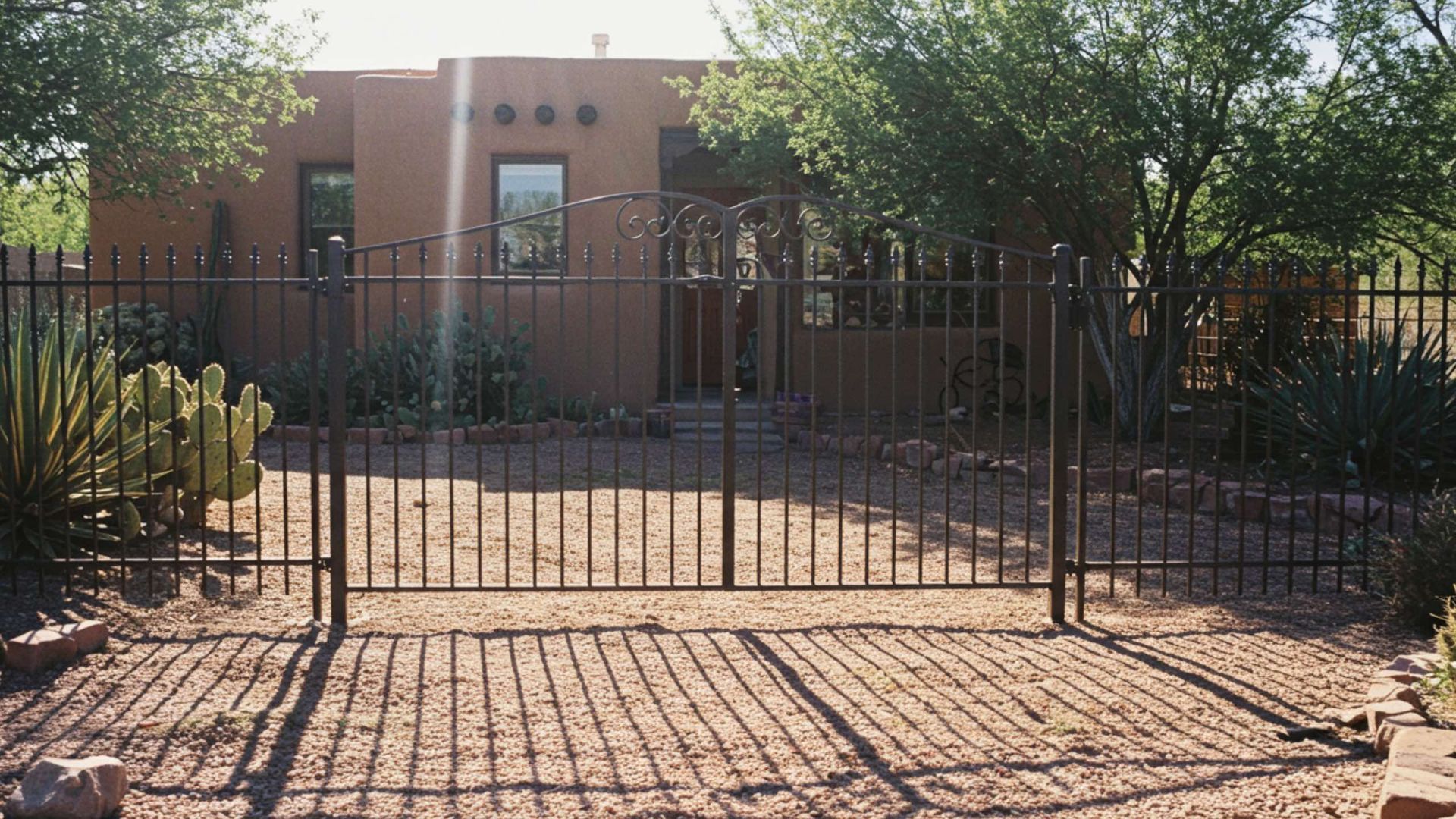 Brown house with a black metal fence and gate; desert landscaping.