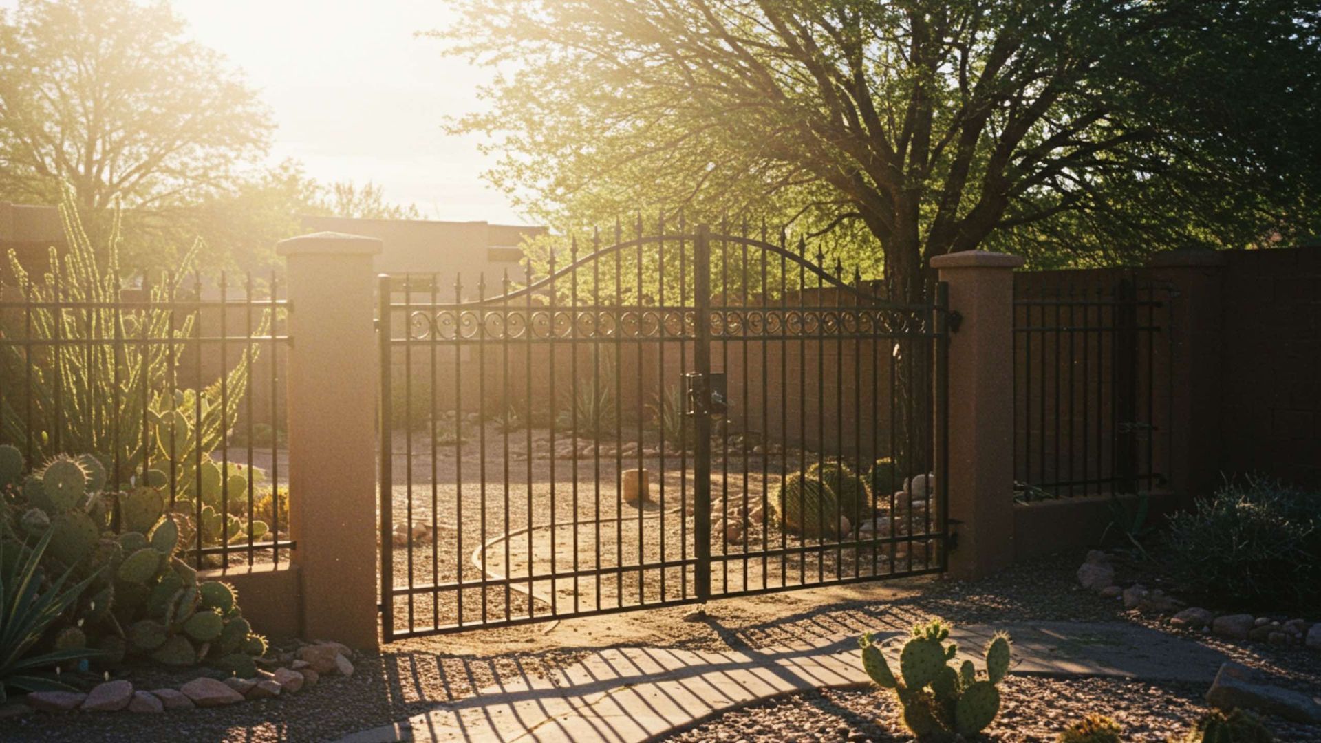 A black metal gate next to a large tree in a residential driveway.