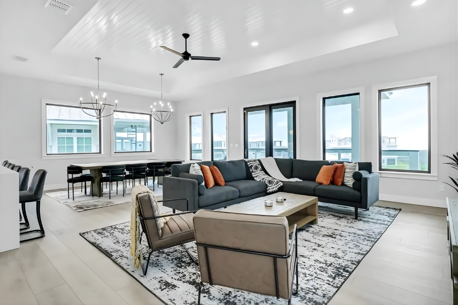 Ocean view living room in Port Aransas home built by Innovo Residential