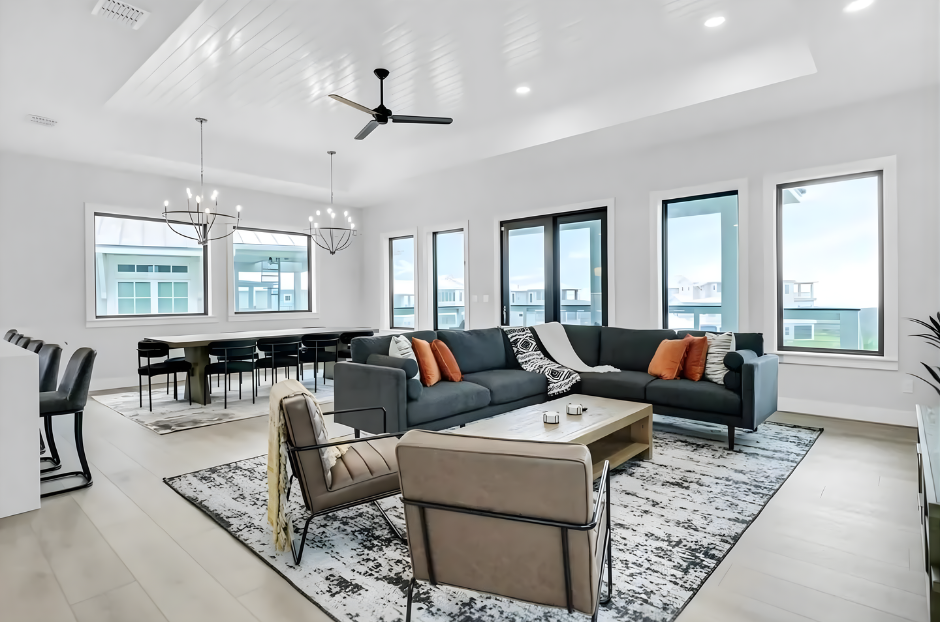 Ocean view living room in Port Aransas home built by Innovo Residential
