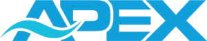 Blue APEX logo with wave design.