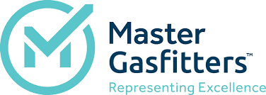 Master Gasfitters logo with a turquoise checkmark within a circle over the letter 'M', and tagline 