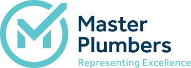 Logo for Master Plumbers: turquoise checkmark inside a circle, next to dark blue text.