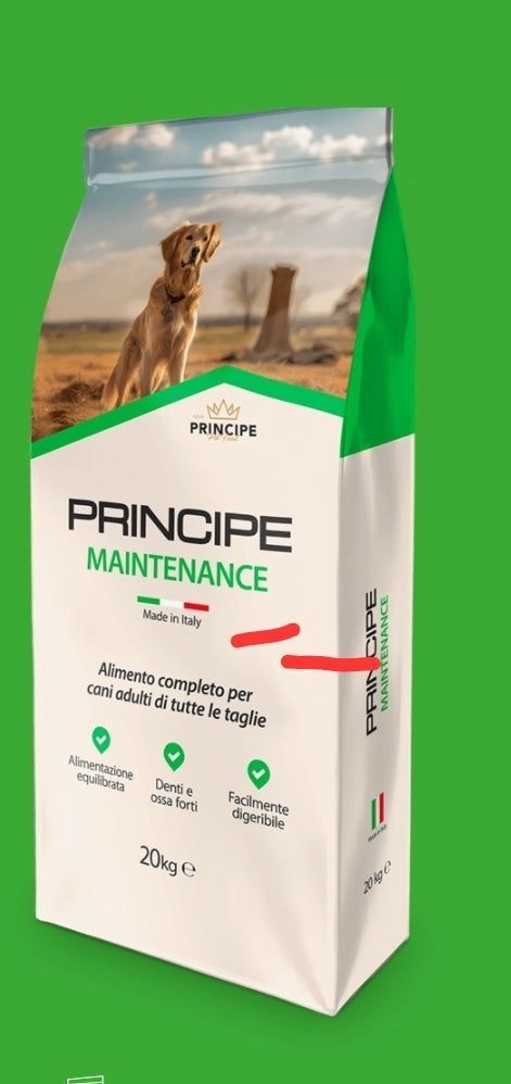 Un sacco da 20 kg di crocchette per cani Principe Maintenance con l'immagine di un cane dorato in un ambiente esterno su sfondo verde.