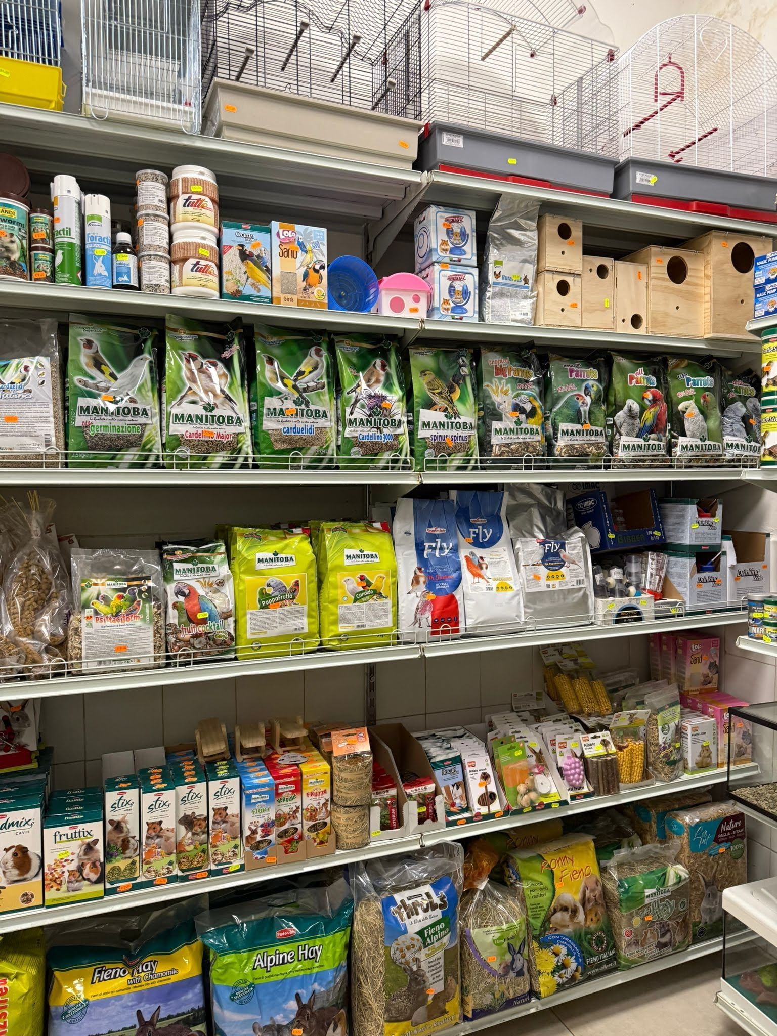 Gli scaffali del negozio sono pieni di gabbie per uccelli di vario tipo, casette per uccelli in legno e sacchetti colorati di cibo per uccelli e accessori per animali domestici.