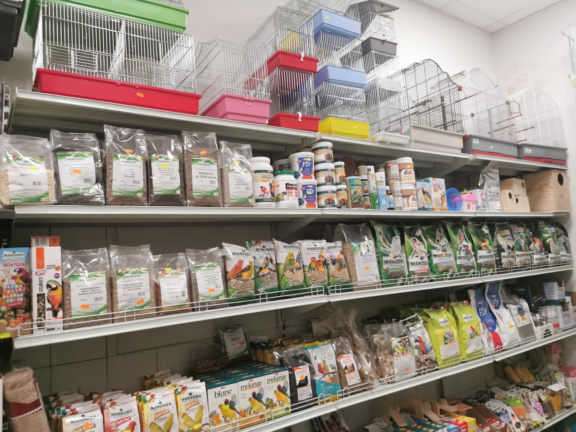 Scaffali in un negozio di animali pieni di varie gabbie per uccelli, piccole confezioni di cibo per animali e accessori assortiti.