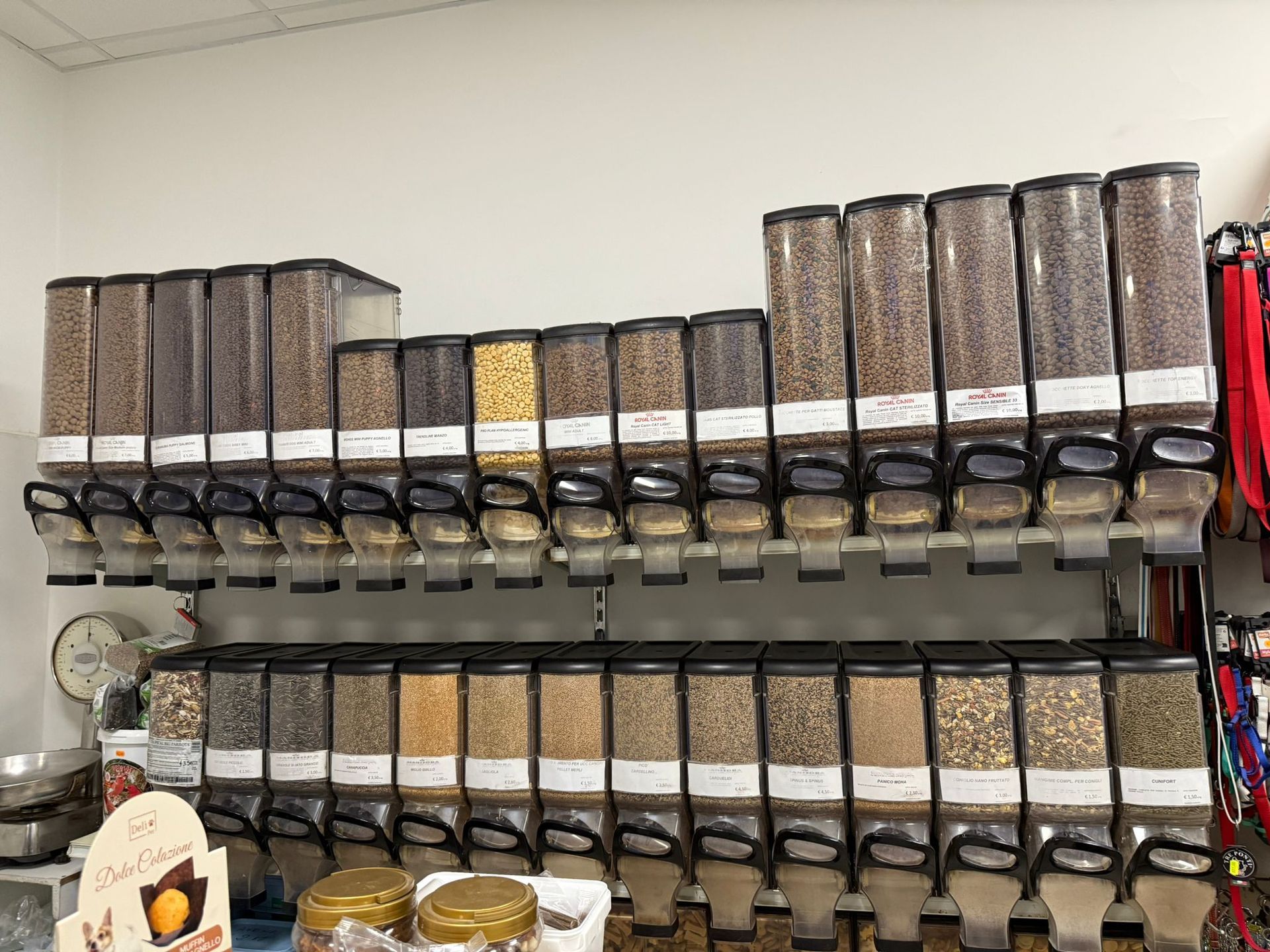 Due file di dispenser a gravità in plastica trasparente, riempiti con vari tipi di cereali e alimenti sfusi, su uno scaffale di un negozio al dettaglio.