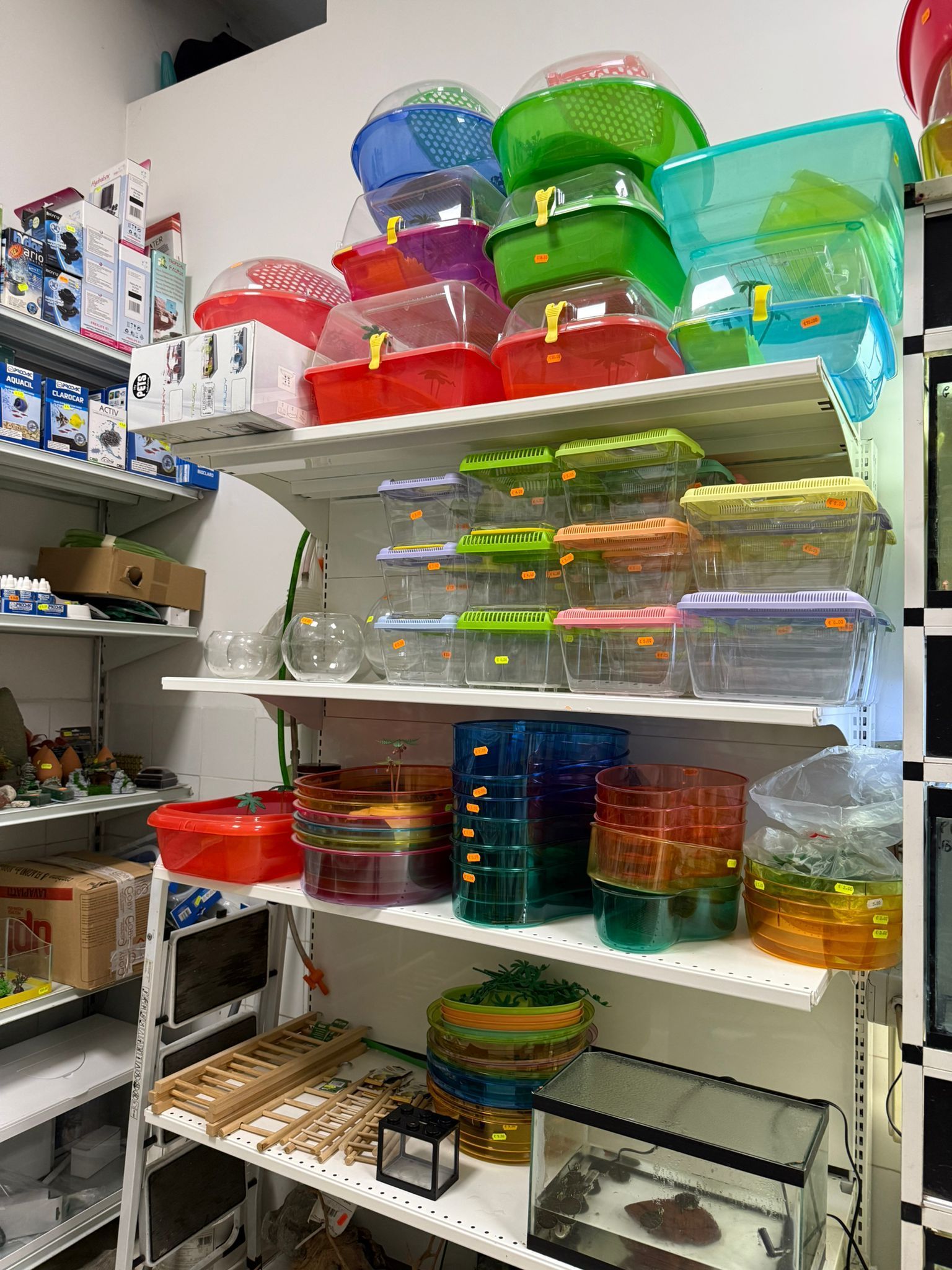 Scaffali di un negozio pieni di recinti per animali domestici in plastica colorata di vario tipo, piccoli acquari e accessori per animali.