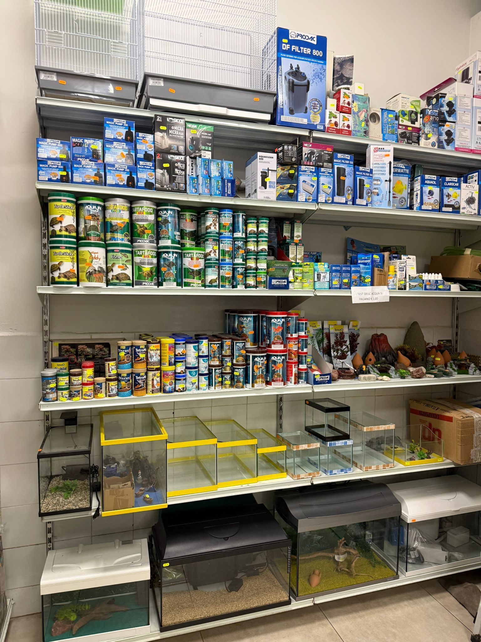 Scaffali di un negozio di animali con vari accessori per acquari, mangime per pesci e diversi terrari di vetro vuoti.
