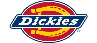 Dickies logo: blue rectangle with white text over a red circle with a yellow horseshoe design.