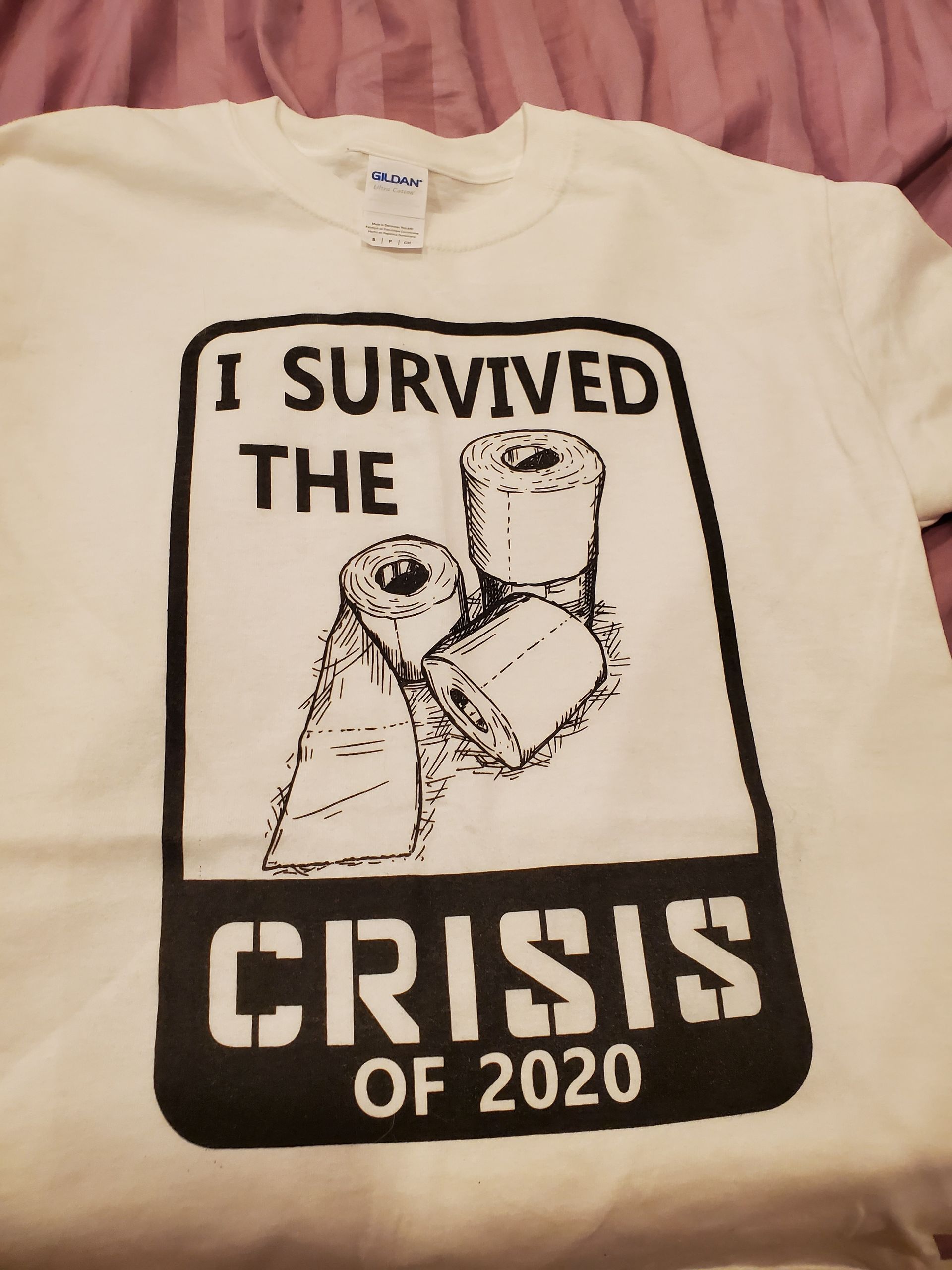 White t-shirt with black graphic: