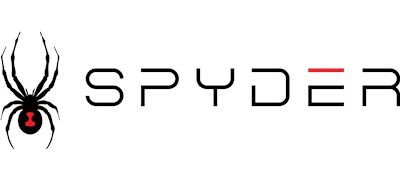 Spyder logo: a black spider emblem with a red hourglass, next to the word "SPYDER" in white text, with a red line above the "E".