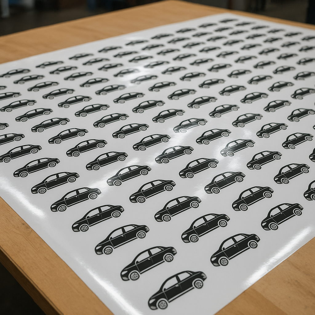 Sheet of stickers with black car outlines on a white background, resting on a wooden table.