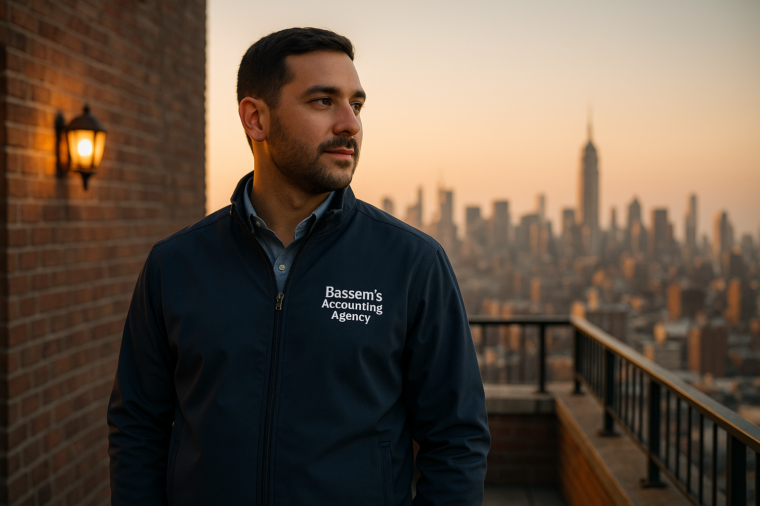 Man in jacket with city skyline backdrop at sunset.