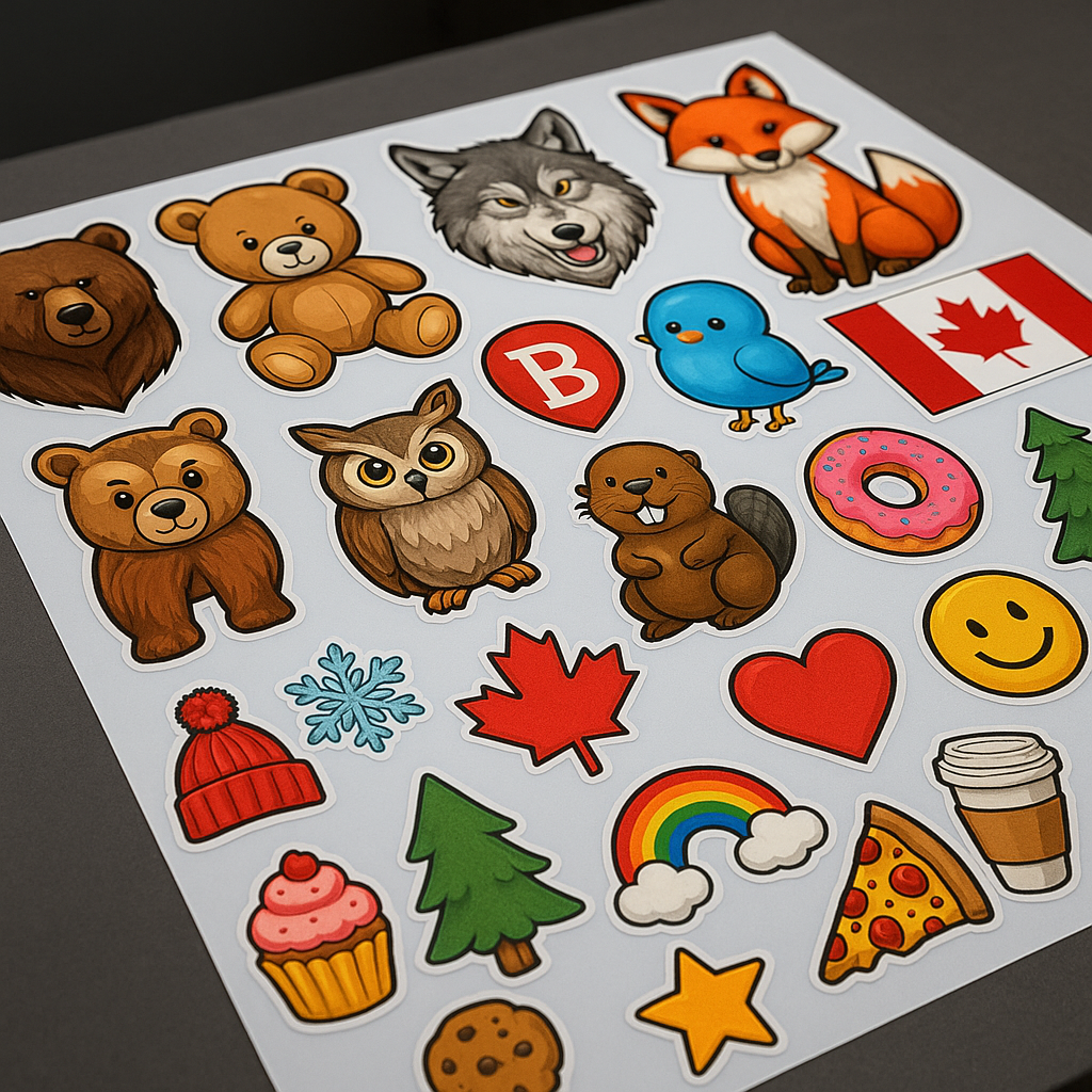 Sheet of stickers with cute animals, food items, and symbols like a Canadian flag and rainbow.