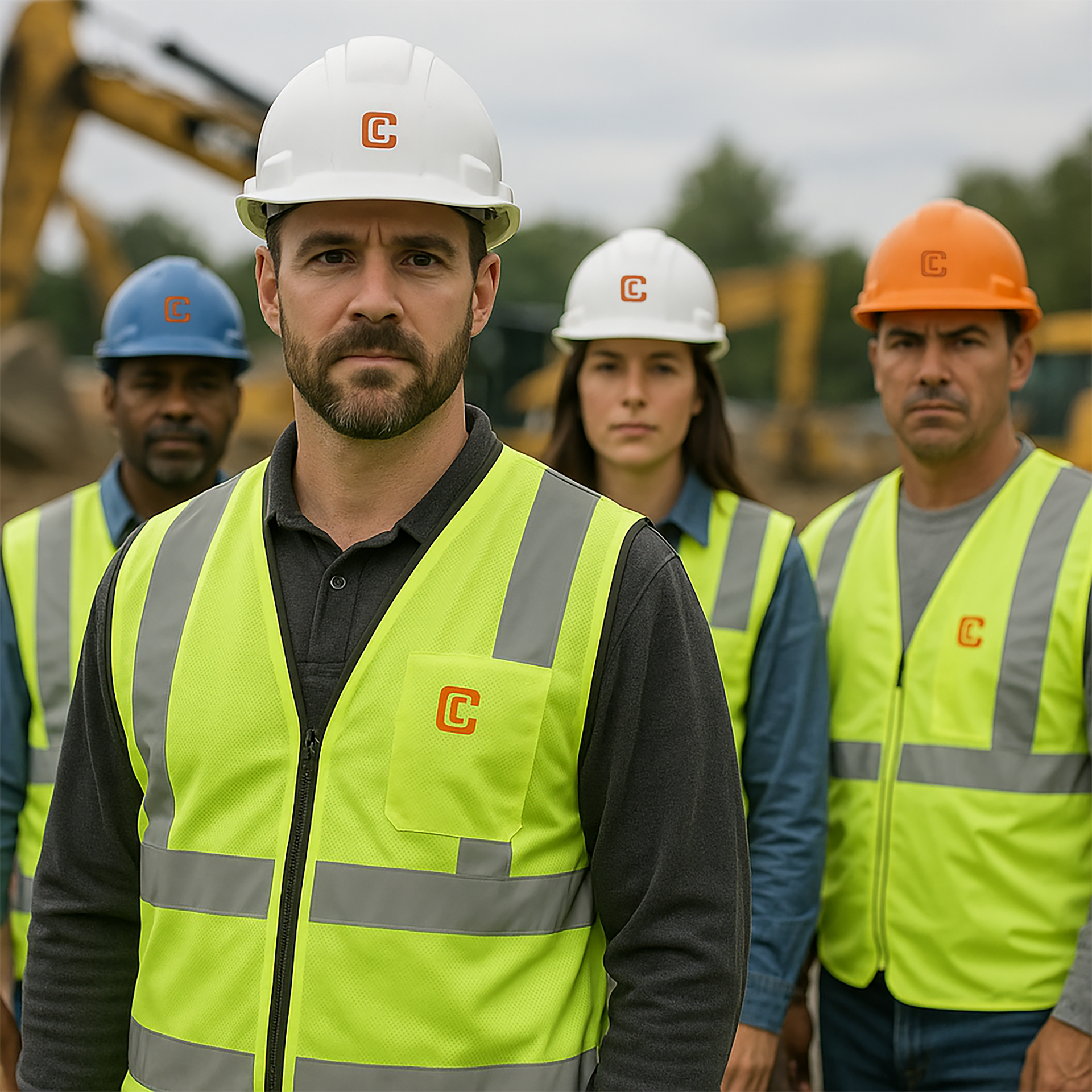 Construction workers in safety vests and hard hats, standing on a construction site with heavy machinery.