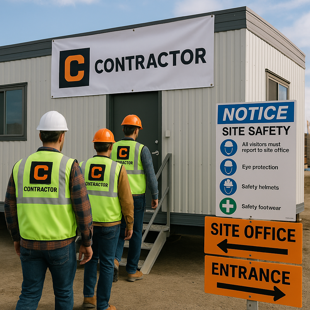 Three construction workers entering a site office, wearing safety vests and helmets. Signage for safety and entrance is present.