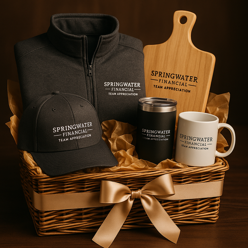 Gift basket with branded hat, jacket, mug, tumbler, and cutting board with the logo 