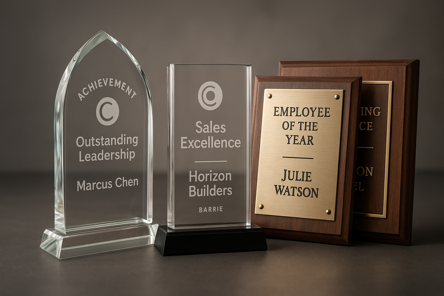 Awards: glass arch and rectangle, wooden plaque, with engraved text for achievement, sales, and employee recognition.