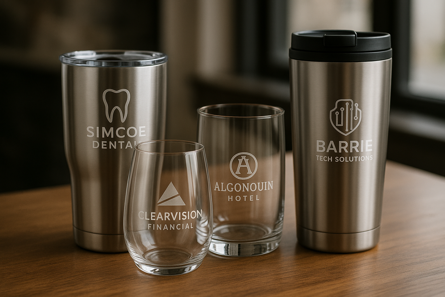 Four promotional drinkware items with etched logos, on a wooden surface.