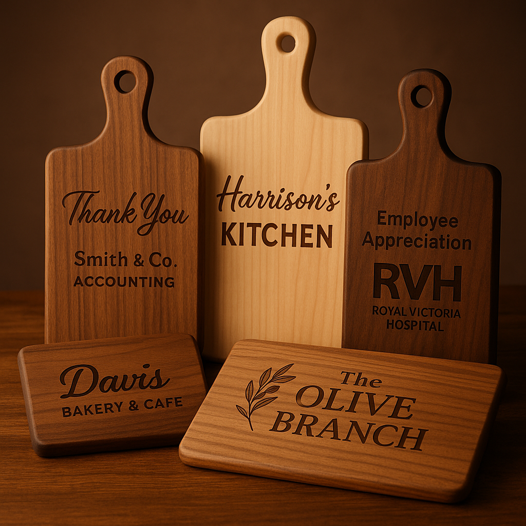 Wooden cutting boards and nameplates, laser-engraved with text and logos.