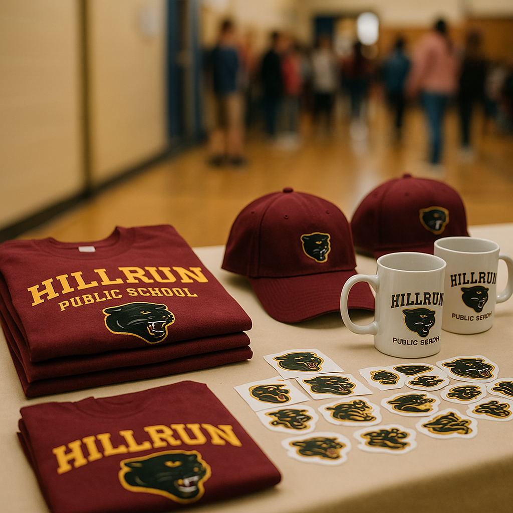 Merchandise table with maroon shirts, hat, mugs, and stickers with 