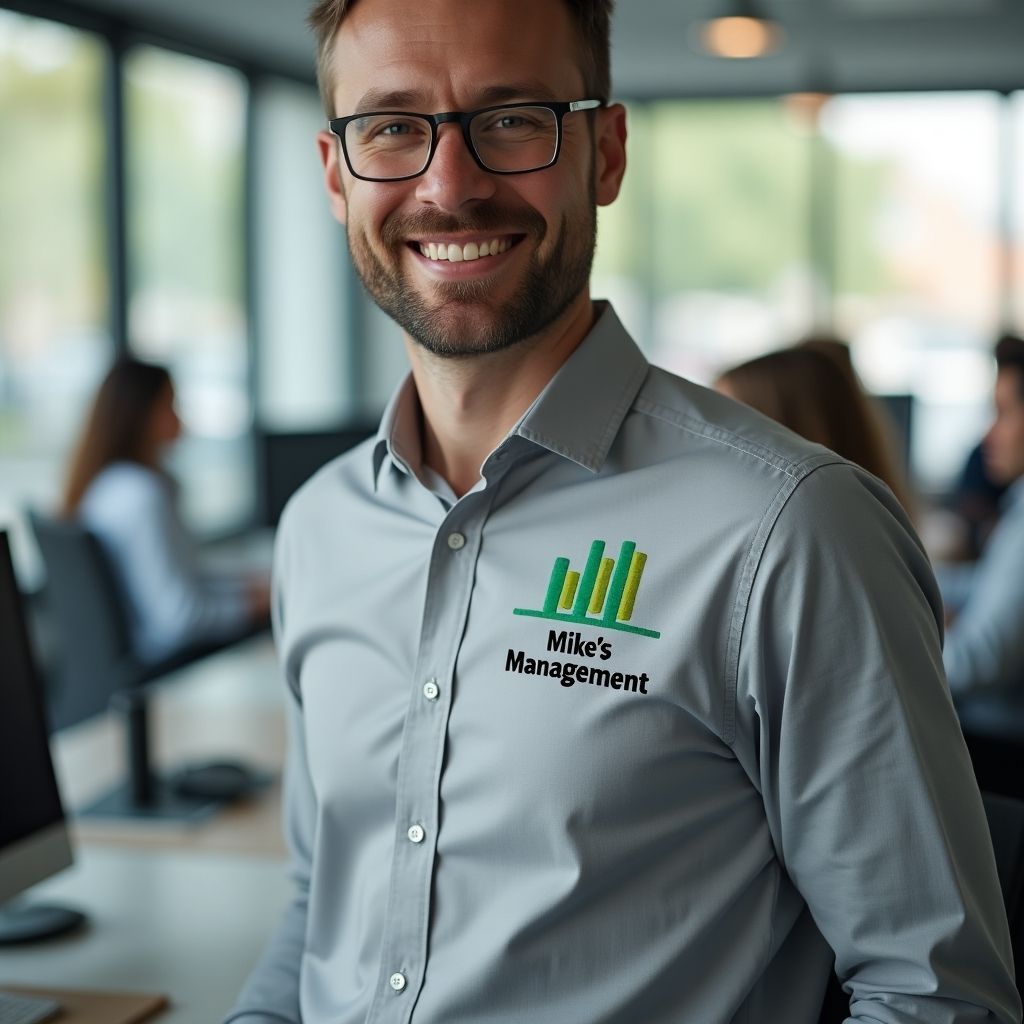 Man smiling, wearing glasses and gray shirt with company logo. Office setting.