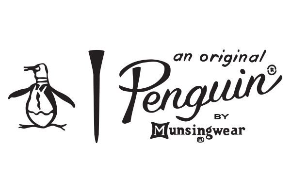 Logo for Original Penguin by Munsingwear. Penguin on the left, golf tee in the middle, and cursive brand name.